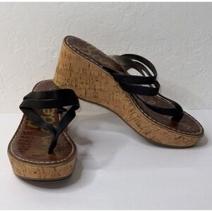 Sam Edelman Rasha Thong Cork‎ Wedge Sandals Womens 9M Black Tan Flip Flop Boho